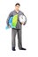 Full length portrait of young sleepy guy holding a wall clock an