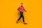 Full length profile photo of amazing business man walking corporate meeting training carry laptop wear stylish red shirt