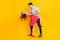 Full length profile photo attractive lady handsome guy prom party couple hugging dancing raise leg close wear red dotted