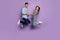 Full length profile photo of two people couple funny guy lady jumping high holding hands friendly wear stylish casual