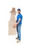 Full length profile portrait of courier carrying stack of boxes