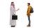 Full length profile shot of an arab man in a traditional thobe talking to a teenage schoolboy