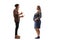 Full length profile shot of a bearded guy standing and talking to a pregnant woman