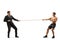 Full length profile shot of a businessman and a bodybuilder pulling rope from opposite sides