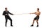Full length profile shot of a businessman and a strong fit man pulling a rope