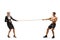 Full length profile shot of a businesswoman pulling a rope against a bodybuilder