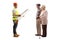 Full length profile shot of a construction worker holding a blueprint and talking to an elderly couple