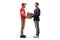 Full length profile shot of a delivery man handing a cardboard box to a recipient