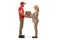 Full length profile shot of a delivery man handing a cardboard box to a woman