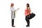 Full length profile shot of a doctor talking to to an overweight woman