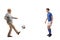 Full length profile shot of an excited elderly man kicking a ball to a football player