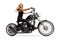 Full length profile shot of a female biker with long hair riding a chopper motorbike