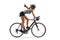 Full length profile shot of a female cyclist riding a bicycle with a helmet