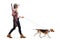 Full length profile shot of a female with a rifle walking a beagle dog on a lead