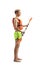 Full length profile shot of a guy with a life vest holding a paddle