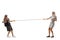 Full length profile shot of a little girl and a young woman pulling a rope