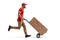 Full length profile shot of a male worker running with boxes on a hand-truck