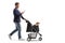 Full length profile shot of a man pushing a dog stroller and typing on a mobile phone