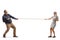 Full length profile shot of a a mature man and a young woman pulling a rope