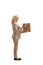 Full length profile shot of a mature woman carrying a cardboard box