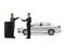 Full length profile shot of a mechanic in a uniform returning car keys to a businessman with a silver car