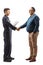 Full length profile shot of a mechanic worker shaking hands with a mature man