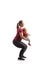 Full length profile shot of a mother exercising squats with a baby