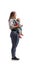 Full length profile shot of a mother standing with a baby in a carrier