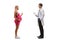 Full length profile shot of a pregnant woman explaining to a male gynecologist doctor