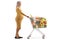 Full length profile shot of a pregnant woman pushing a shopping cart with food
