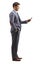 Full length profile shot of a professional young man standing and holding a mobile phone