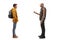 Full length profile shot of a punk rocker talking to a teenager boy