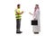 Full length profile shot of a road assistance agent writing a document and talking to an arab man