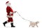 Full length profile shot of a santa claus walking a maltese poodle dog on a lead