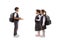 Full length profile shot of a schoolboy talking to schoolgirls in uniforms