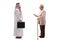 Full length profile shot of a senior lady with a cane talking to a saudi arab man