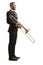 Full length profile shot of trombone player standing and smiling