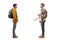 Full length profile shot of two male teenage students having a conversation