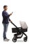Full length profile shot of a young father with a baby carriage using a smartphone