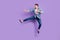 Full length profile side photo of young handsome guy jump up kick karate look empty space isolated over purple color