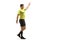 Full length shot of a football referee showing a sign with hand