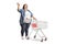 Full length shot of an overweight woman with a shopping cart smiling and waving