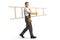 Full length shot of a repairman walking and carrying a white ladder