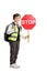 Full length shot of a schoolboy wearing safety vest and holding stop sign