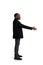 Full-length side view portait of businessman lending hand for shaking isolated over white background