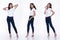 Full Length Snap Figure, Asian Woman wear casual white shirt blue jean, she 20s stands and acts many poses smile on high heel