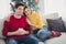 Full length top above high photo of two people sit on couch have romance on christmas holidays watch newyear movies man