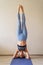 Full length vertical image. Young european woman wearing sport clothes doing workout at home exercising doing yoga home fitness