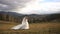 Full-length view of the charming stylish bride in the long dress happily running along the golden meadow in the