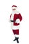 full length view of confident santa claus adjusting belt and looking at camera